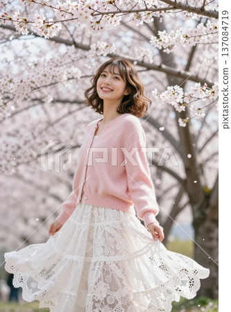 Beautiful young Asian woman smiling under blooming cherry blossom trees, wearing pink cardigan and white lace skirt, spring fashion and hanami concept. 137084719