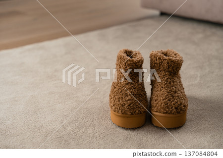 Warm brown fleece boots with textured sole and curly wool upper on soft beige carpet. Copy space Warm brown fleece boots with textured sole and curly wool upper on soft beige carpet. Copy space 137084804