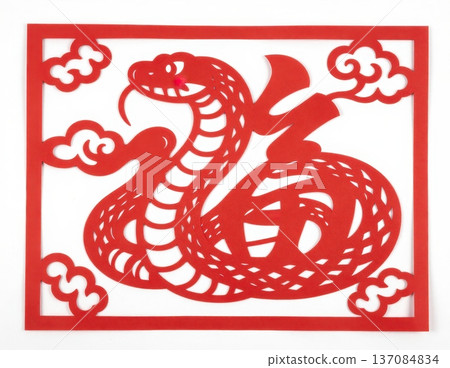 Traditional Chinese paper cutting red dragon with clouds in square frame, zodiac symbol for Lunar New Year Year of the Dragon decoration. 137084834
