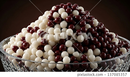a Caviar of Wagashi. a presentation of hundreds of tiny, perfect spheres of flavored mochi (shiratama) in a chromatic gradient from pearl white to deep burgundy  137085357