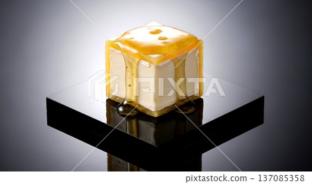a single, immaculate cube of Hokkaido Camembert aged in Yubari melon rind, surface glistening with a translucent, honey-like fruit glaze, on a mirror-polished black acrylic base  137085358