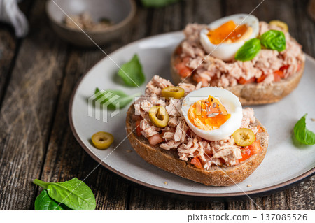 Tuna toast with boiled egg 137085526