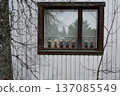 A quiet exterior view of a traditional wooden house window in a rural Nordic setting 137085549