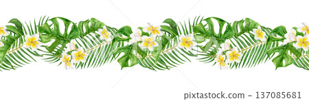 Seamless watercolor tropical border with plumeria flowers and lush green palm and monstera leaves. Horizontal botanical garland design for textile prints, summer decor, travel themes, resort branding 137085681