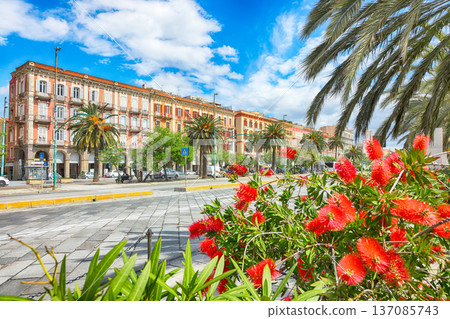 Remarkable view on Street with road and typical architecture of the old center of Cagliari. Remarkable view on Street with road and typical architecture of the old center of Cagliari. 137085743