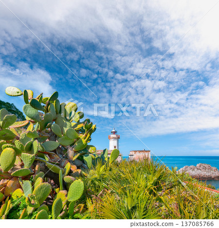 Remarkable sunny day over Capo Zafferano Lighthouse. Remarkable sunny day over Capo Zafferano Lighthouse. 137085766