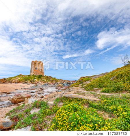 Remarkable view of Bari Sardo tower in the Gulf of Orosei. Remarkable view of Bari Sardo tower in the Gulf of Orosei. 137085780