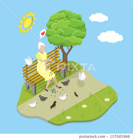 3D Isometric Flat Vector Illustration of Feeding Doves, Elderly Woman and Her Avian Friends. 137085966
