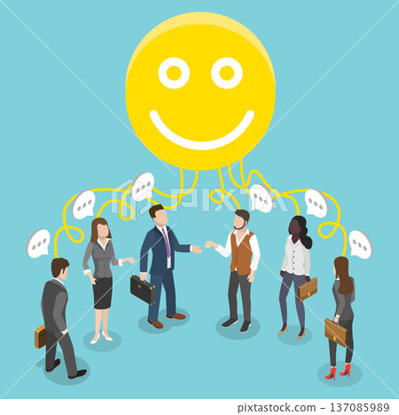 3D Isometric Flat Vector Illustration of Positive Attitude, The Value Of Optimistic Business Professionals In Strategic Planning With Smiling Faces. 3D Isometric Flat Vector Illustration of Positive Attitude, The Value Of Optimistic Business Professionals In Strategic Planning With Smiling Faces. 137085989