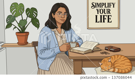 Frugal chic concept. Simplify your life. Modest girl at wooden table with cup of coffee and book. Vintage vector poster. Frugal chic concept. Simplify your life. Modest girl at wooden table with cup of coffee and book. Vintage vector poster. 137086044