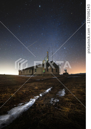 Night sky over a remote communication station with antennas and satellite dishes, surrounded by grass and snow, illuminated by stars and distant city lights Night sky over a remote communication station with antennas and satellite dishes, surrounded by grass and snow, illuminated by stars and distant city lights 137086243