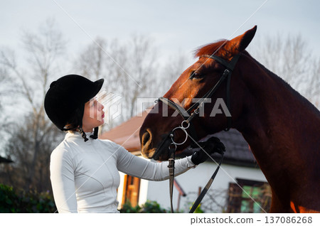 Equestrian female in riding attire interacts with a brown horse, wearing a helmet and gloves, in a stable setting with trees and a building in the background 137086268