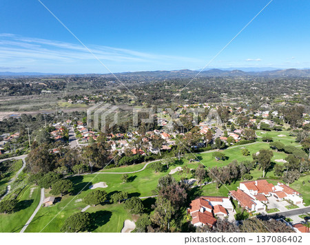 Aerial drone video over a golf course in Solana Beach, San Diego, California 137086402