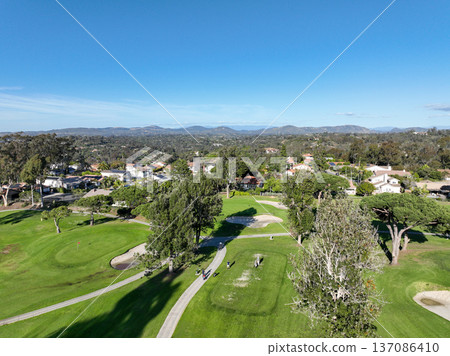 Aerial drone video over a golf course in Solana Beach, San Diego, California 137086410