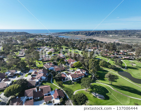 Aerial drone video over a golf course in Solana Beach, San Diego, California 137086444