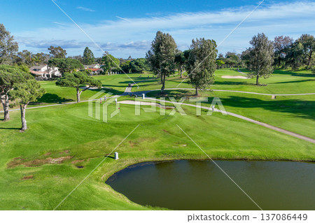 Aerial drone video over a golf course in Solana Beach, San Diego, California 137086449