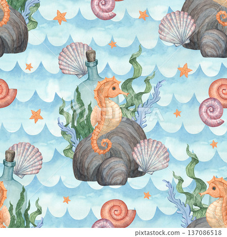 A seamless watercolor pattern featuring a seahorse against a backdrop of ocean waves 137086518