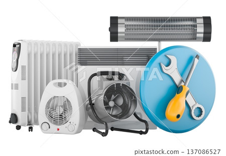 Heater repair service concept with home electric heaters, 3d rendering Heater repair service concept with home electric heaters, 3d rendering 137086527
