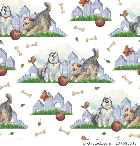 A seamless pattern featuring a cute husky and terrier playing with a ball A seamless pattern featuring a cute husky and terrier playing with a ball 137086535