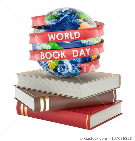 World book day, concept. Earth Globe on stack of books, 3d rendering 137086538