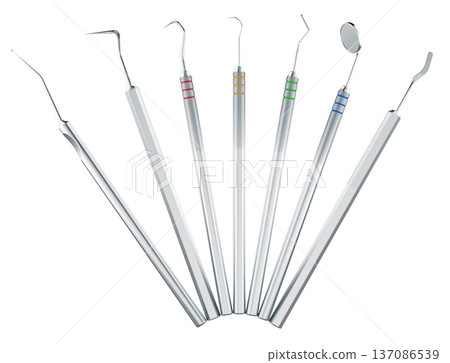 Dental instruments set with mirror, probe and scalers, 3d rendering 137086539