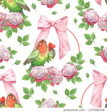 A watercolor seamless pattern featuring a cute parrot perched among roses A watercolor seamless pattern featuring a cute parrot perched among roses 137086546