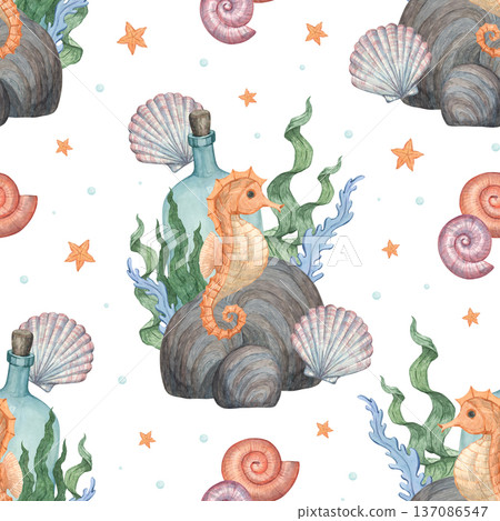 A seamless pattern featuring a seahorse and sea creature 137086547