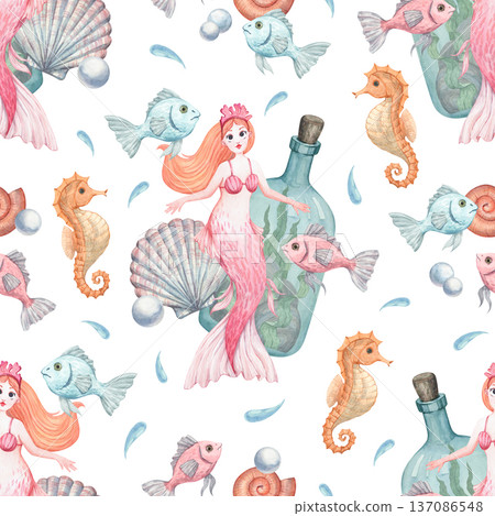 Watercolor pattern featuring a mermaid sea creatures and treasures 137086548