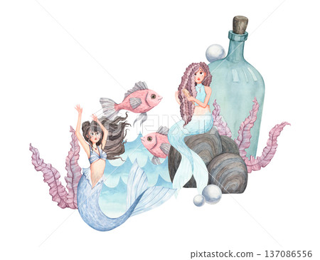 A marine-themed watercolor illustration featuring sea creatures A marine-themed watercolor illustration featuring sea creatures 137086556