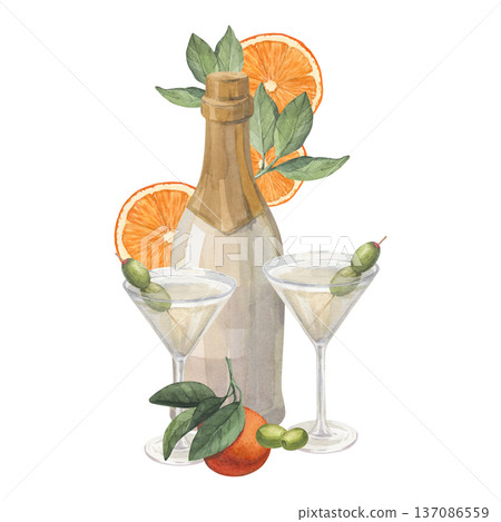 Elegant watercolor composition with olive cocktails and bottle 137086559