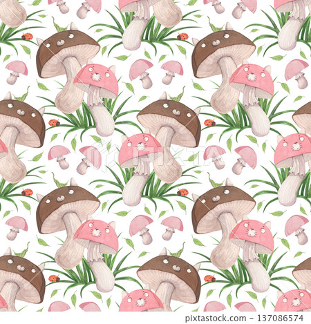 A seamless pattern with cute cat-shaped mushrooms 137086574