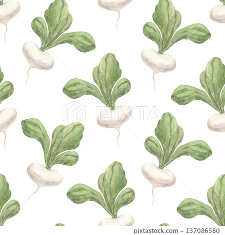 Watercolor pattern with turnips with large leaves 137086580