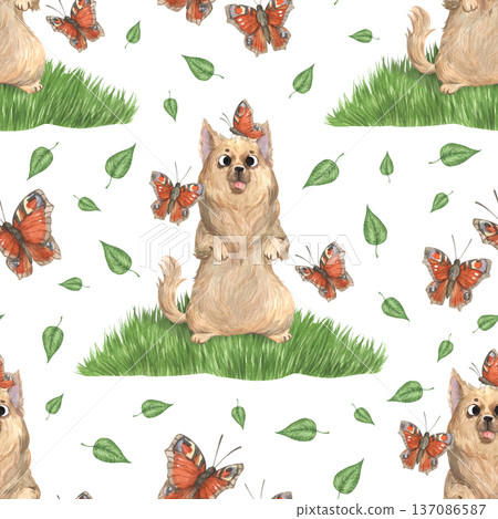 A watercolor pattern featuring a Chihuahua on a lawn among butterflies 137086587