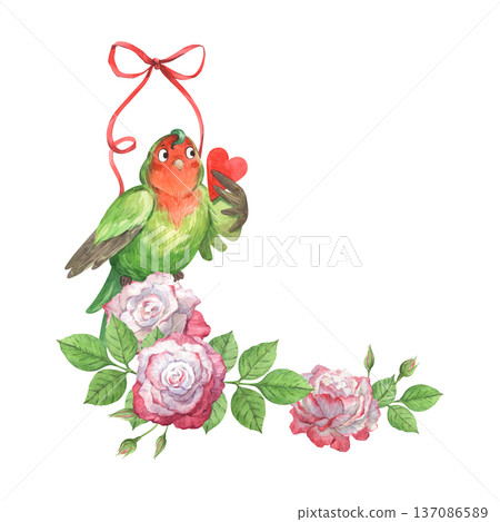 A frame featuring a cute parrot holding a Valentine's card among roses A frame featuring a cute parrot holding a Valentine's card among roses 137086589