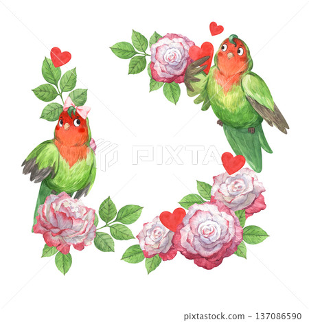 A frame featuring two parrots in love among roses 137086590