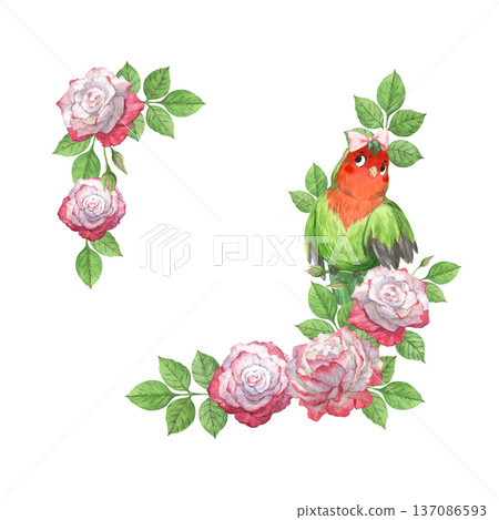 A frame featuring a cute parrot holding a Valentine's card among roses 137086593