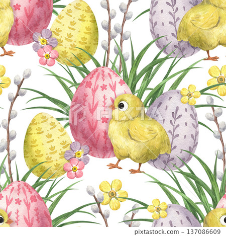A cute yellow chick against a background of Easter eggs A cute yellow chick against a background of Easter eggs 137086609