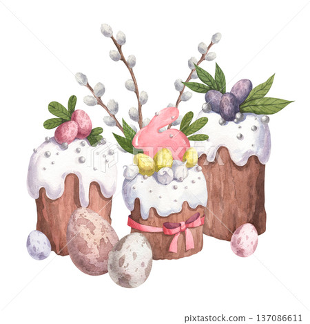 Watercolor composition with Easter cupcakes and eggs 137086611