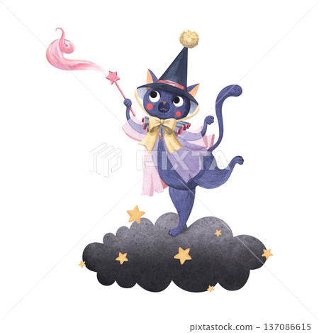 Watercolor illustration of a cat in a magic hat 137086615