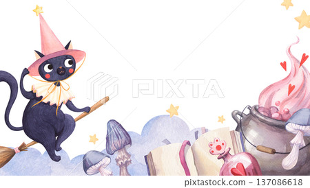 Watercolor frame featuring a cat on a broomstick against a backdrop of clouds Watercolor frame featuring a cat on a broomstick against a backdrop of clouds 137086618