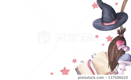 Cute watercolor frame with a magic hat, broom, and book. 137086620