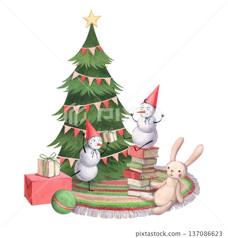 Happy snowmen give each other gifts Happy snowmen give each other gifts 137086623