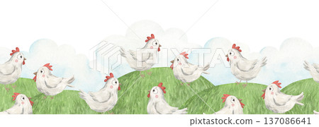 A watercolor seamless border with cute chickens on a lawn A watercolor seamless border with cute chickens on a lawn 137086641