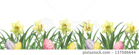 A seamless watercolor border with hand-painted yellow daffodils and Easter eggs 137086644