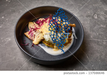 Gourmet cuisine with intricate presentation, elegant dish with vibrant toppings, modern culinary art, fine dining experience, gastronomy concept 137086646