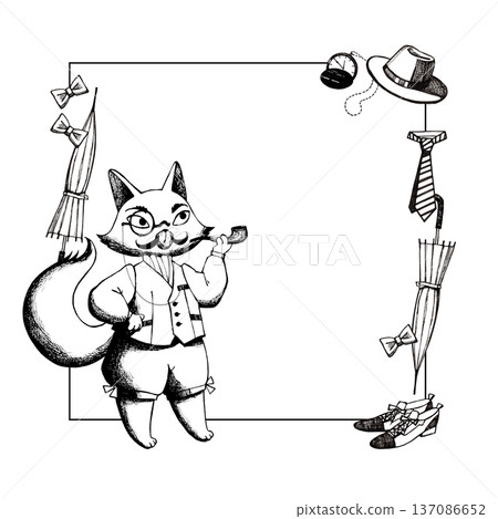 A frame with a cat in a vest and trousers with bows A frame with a cat in a vest and trousers with bows 137086652