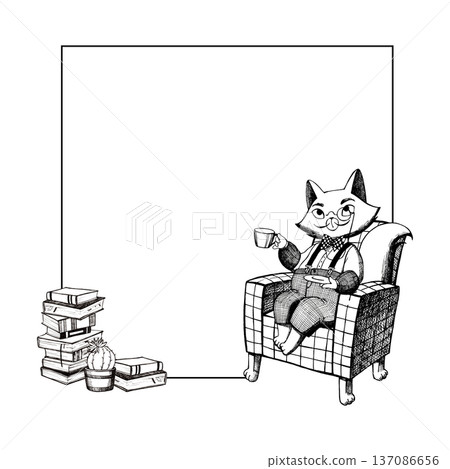 A cute cat wearing suspenders sits in a soft chair and drinks tea A cute cat wearing suspenders sits in a soft chair and drinks tea 137086656