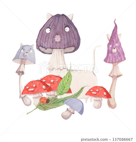 Watercolor illustration of a stylized cat shaped like a forest mushroom Watercolor illustration of a stylized cat shaped like a forest mushroom 137086667