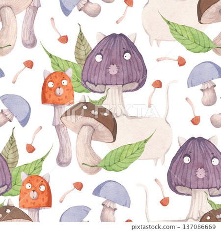 A cute pattern with mushrooms shaped like cats A cute pattern with mushrooms shaped like cats 137086669