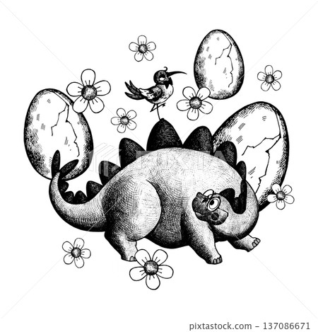 A cute stegosaurus wearing glasses with a bird perched on its back 137086671